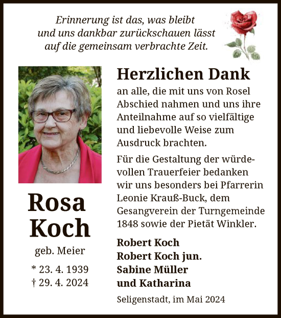 Todesanzeige von Rosa Koch von OF