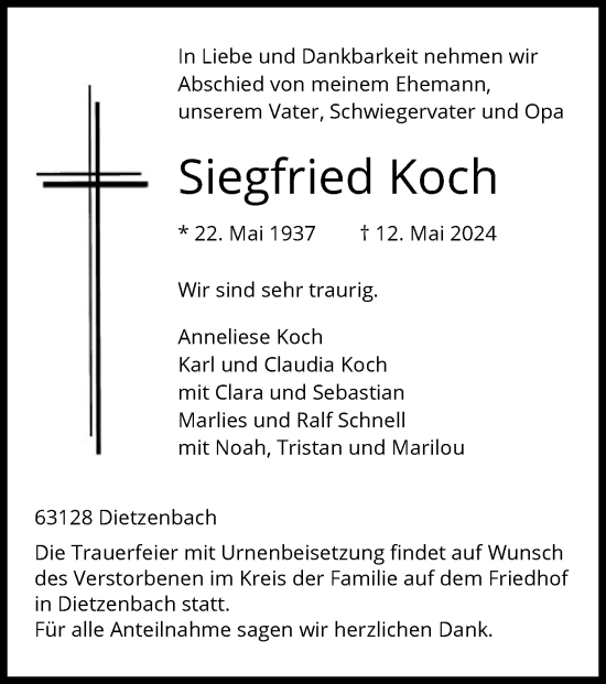 Todesanzeige von Siegfried Koch von OF