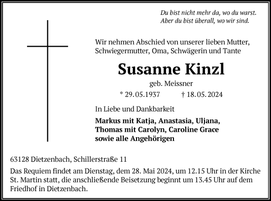 Todesanzeige von Susanne Kinzl von OF