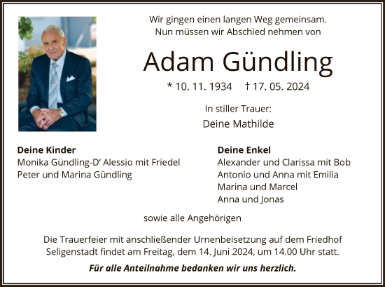 Todesanzeige von Adam Gündling von OF