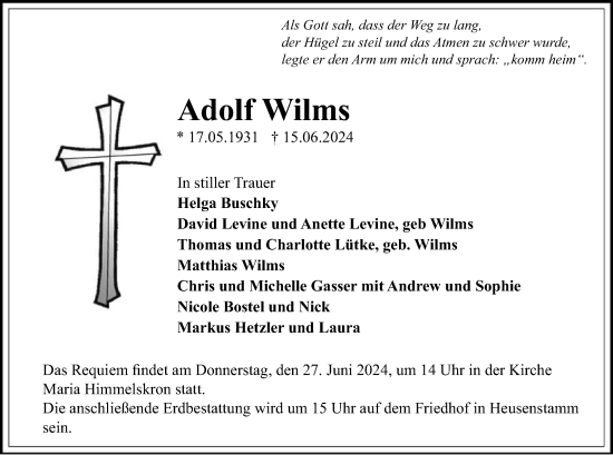 Todesanzeige von Adolf Wilms von OF