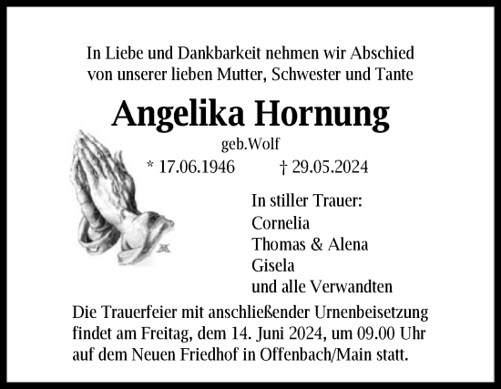 Todesanzeige von Angelika Hornung von OF