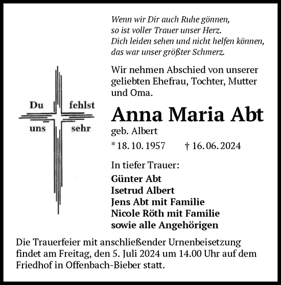 Todesanzeige von Anna Maria Abt von OF