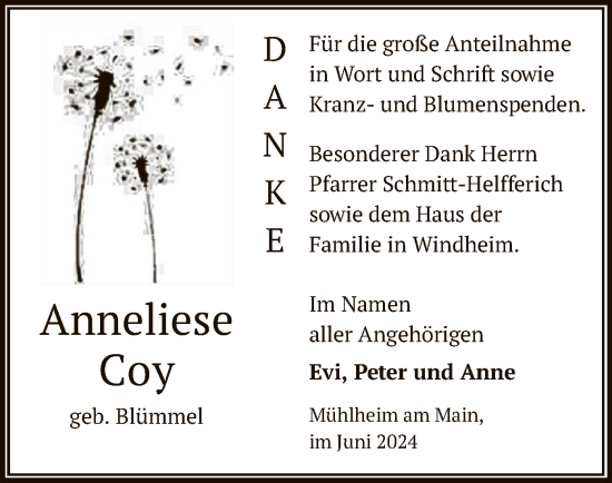 Todesanzeige von Anneliese Coy von OF