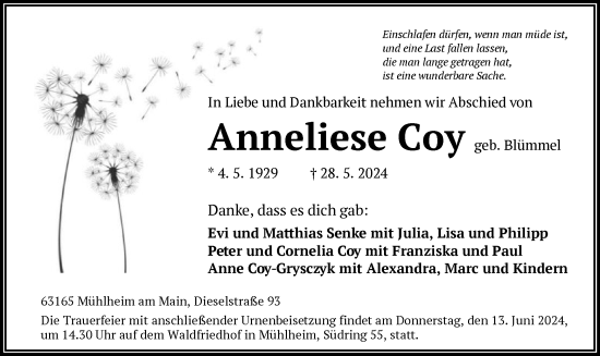 Todesanzeige von Anneliese Coy von OF