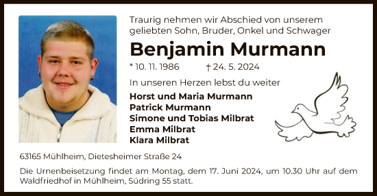 Todesanzeige von Benjamin Murmann von OF