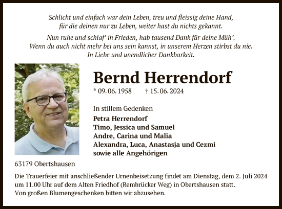 Todesanzeige von Bernd Herrendorf von OF