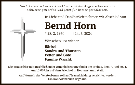 Todesanzeige von Bernd Horn von OF