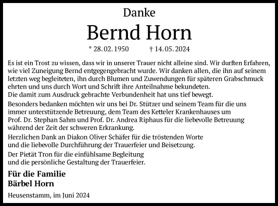 Todesanzeige von Bernd Horn von OF