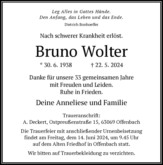 Todesanzeige von Bruno Wolter von OF