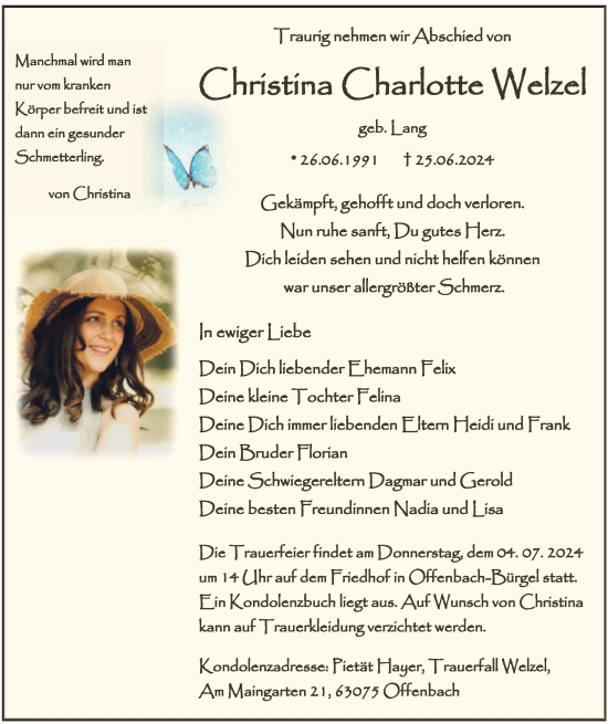 Todesanzeige von Christina Charlotte Welzel von OF