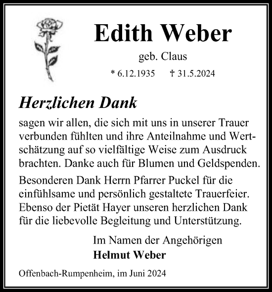Todesanzeige von Edith Weber von OF