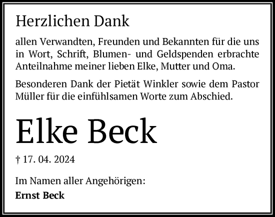 Todesanzeige von Elke Beck von OF