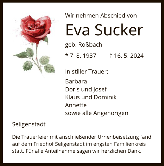 Todesanzeige von Eva Sucker von OF