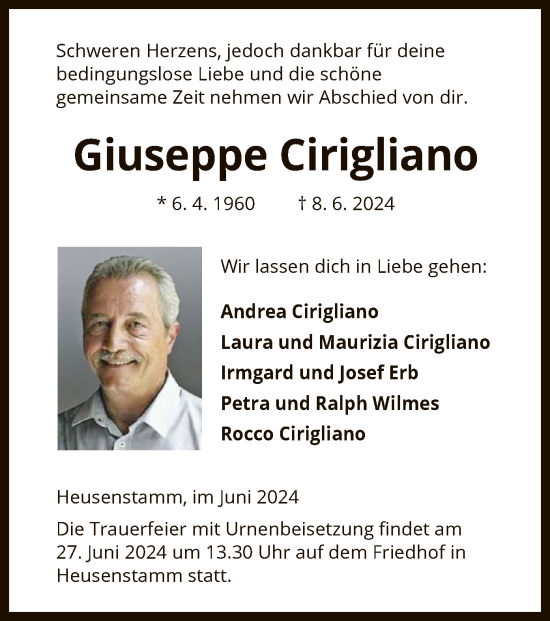 Todesanzeige von Giuseppe Cirigliano von OF