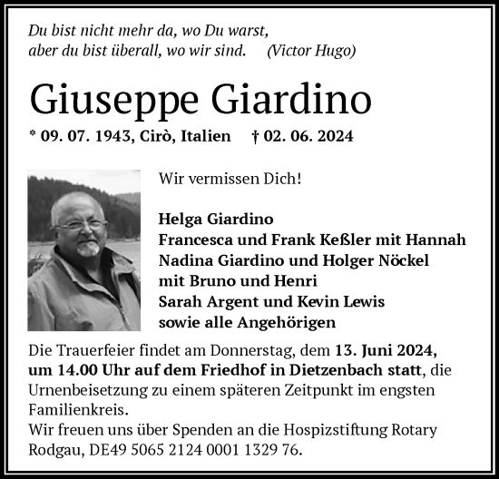 Todesanzeige von Giuseppe Giardino von OF