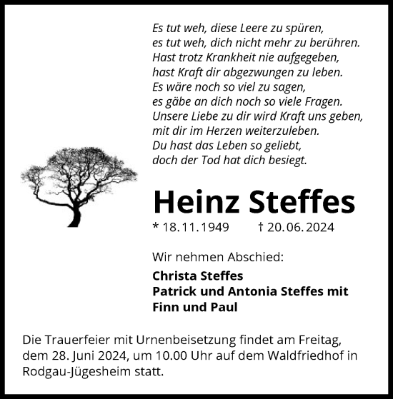 Todesanzeige von Heinz Steffes von OF