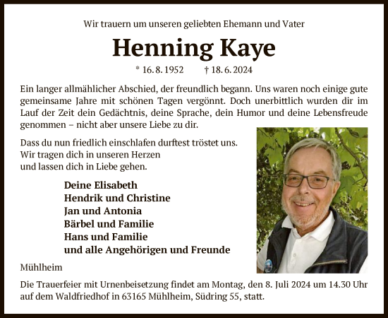 Todesanzeige von Henning Kaye von OF