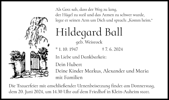 Todesanzeige von Hildegard Ball von OF