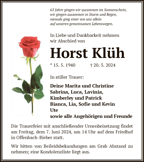 Todesanzeige von Horst Klüh von OF