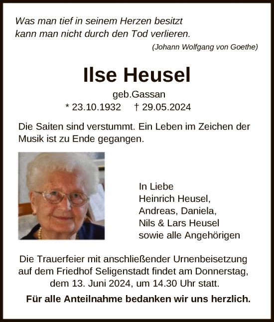 Todesanzeige von Ilse Heusel von OF