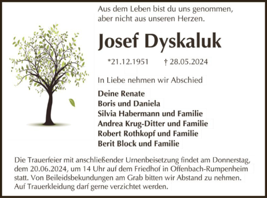 Todesanzeige von Josef Dyskaluk von OF
