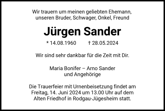 Todesanzeige von Jürgen Sander von OF