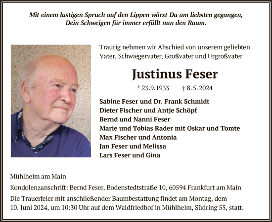 Todesanzeige von Justinus Feser von OF