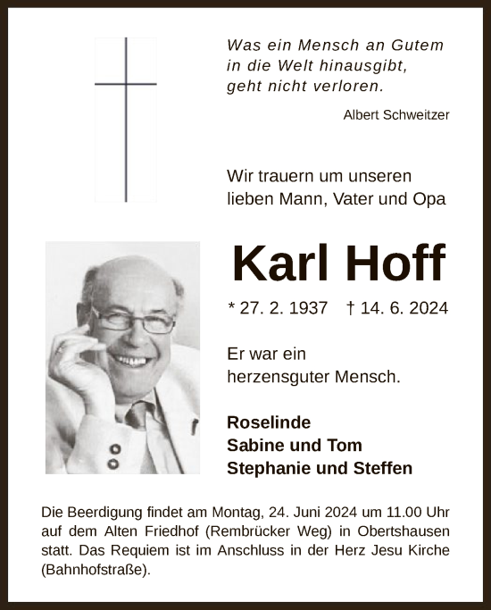 Todesanzeige von Karl Hoff von OF