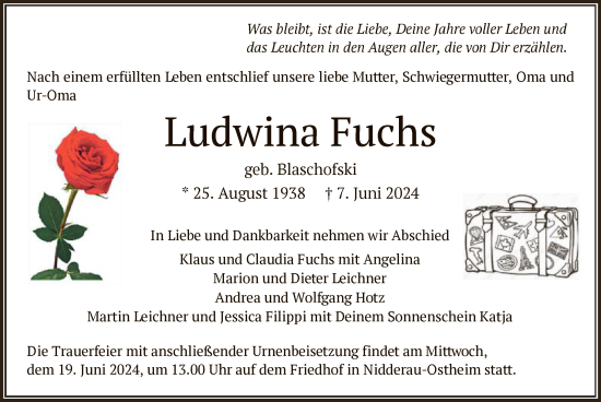 Todesanzeige von Ludwina Fuchs von OF
