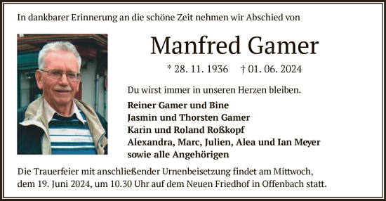 Todesanzeige von Manfred Gamer von OF