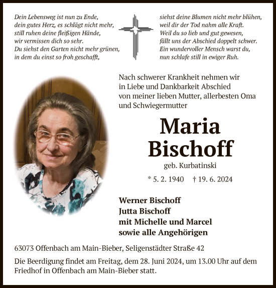 Todesanzeige von Maria Bischoff von OF