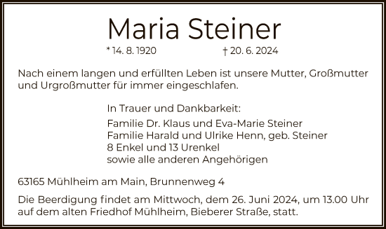 Todesanzeige von Maria Steiner von OF