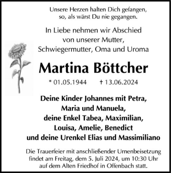 Todesanzeige von Martina Böttcher von OF