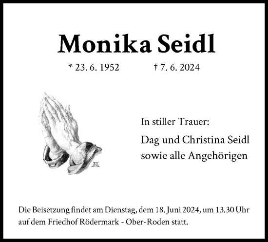 Todesanzeige von Monika Seidl von OF