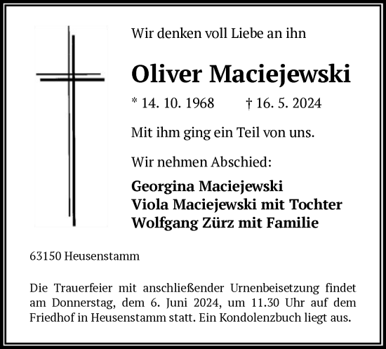 Todesanzeige von Oliver Maciejewski von OF