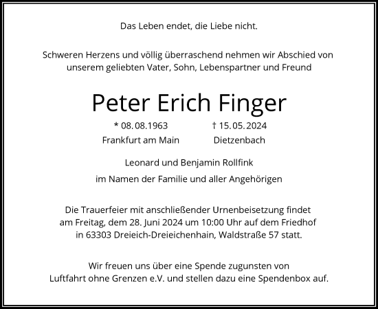 Todesanzeige von Peter Erich Finger von OF