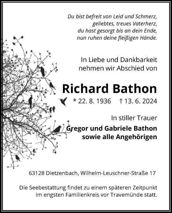 Todesanzeige von Richard Bathon von OF