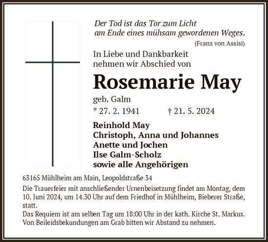 Todesanzeige von Rosemarie May von OF