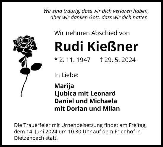 Todesanzeige von Rudi Kießner von OF