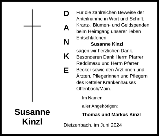 Todesanzeige von Susanne Kinzl von OF