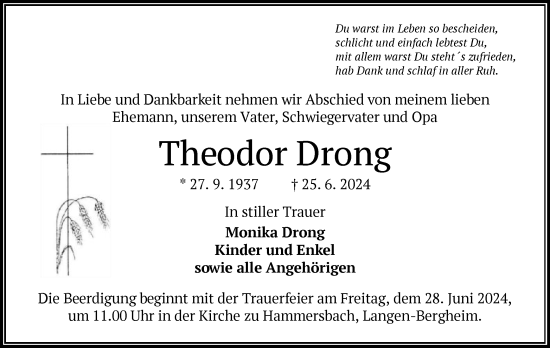 Todesanzeige von Theodor Drong von OF