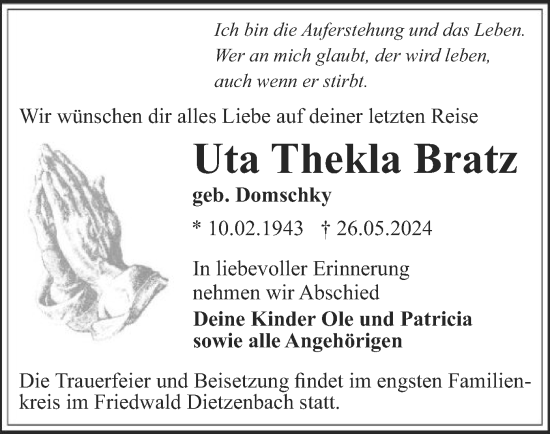 Todesanzeige von Uta Thekla Bratz von OF