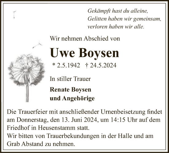 Todesanzeige von Uwe Boysen von OF