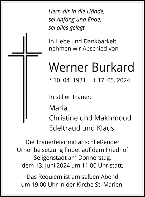 Todesanzeige von Werner Burkard von OF