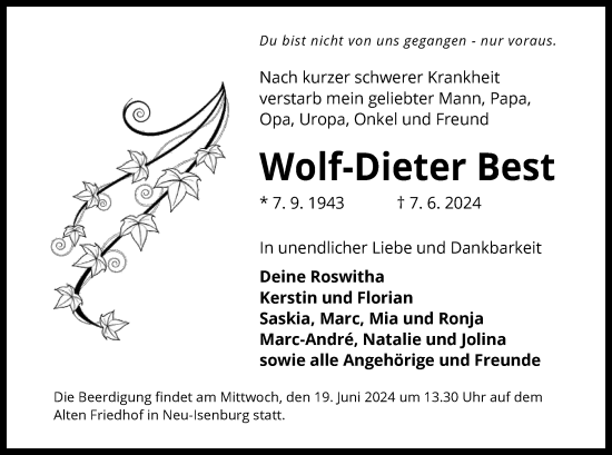 Todesanzeige von Wolf-Dieter Best von OF