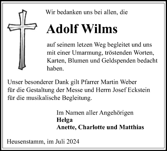 Todesanzeige von Adolf Wilms von OF