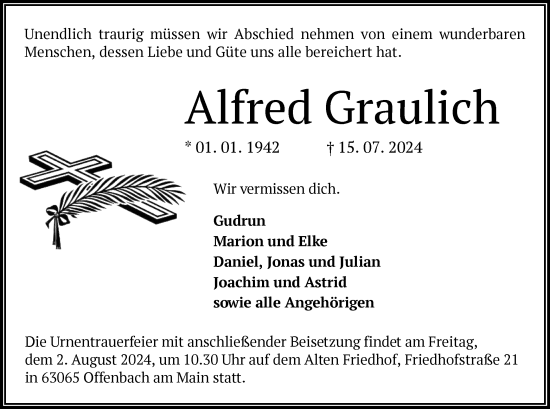Todesanzeige von Alfred Graulich von OF