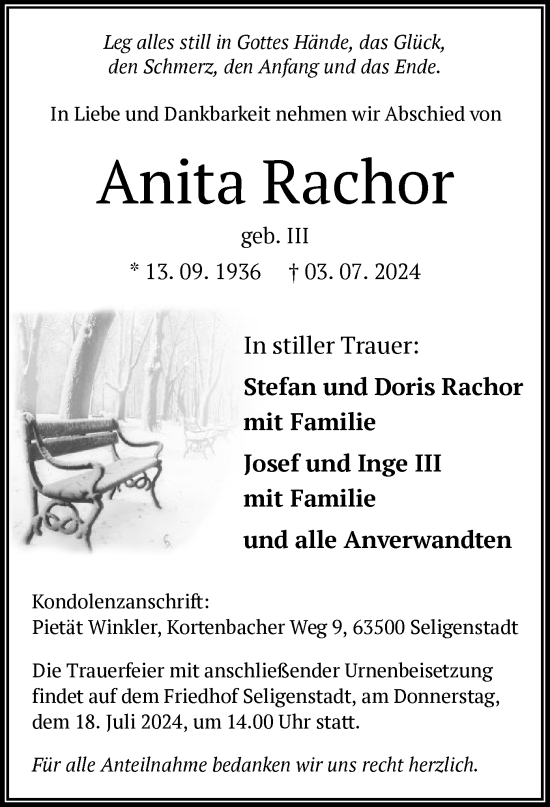 Todesanzeige von Anita Rachor von OF