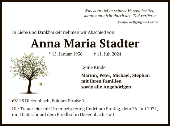 Todesanzeige von Anna Maria Stadter von OF